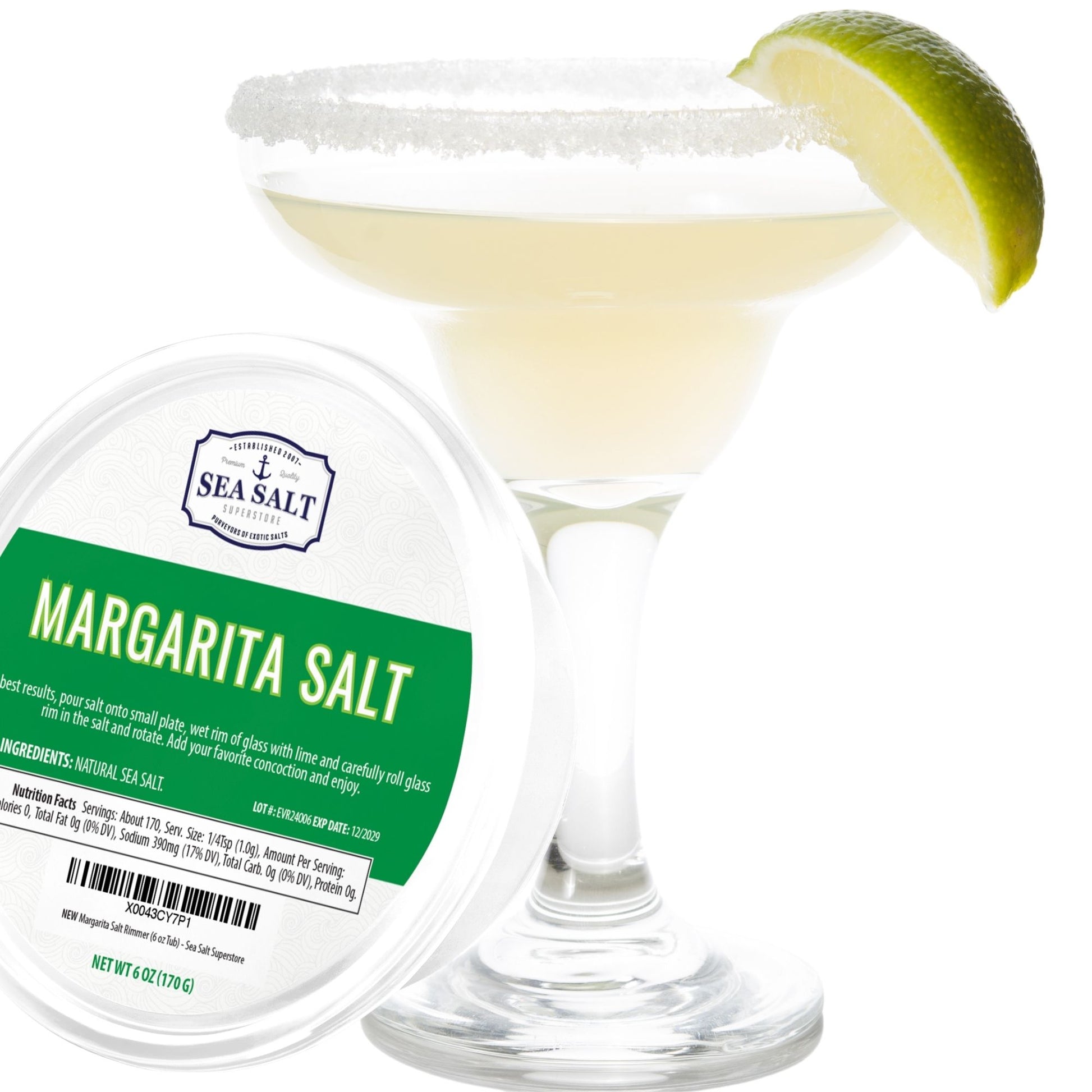 Margarita Sea Salt - 6 oz Tub displayed next to a margarita cocktail with a salted rim and lime garnish.