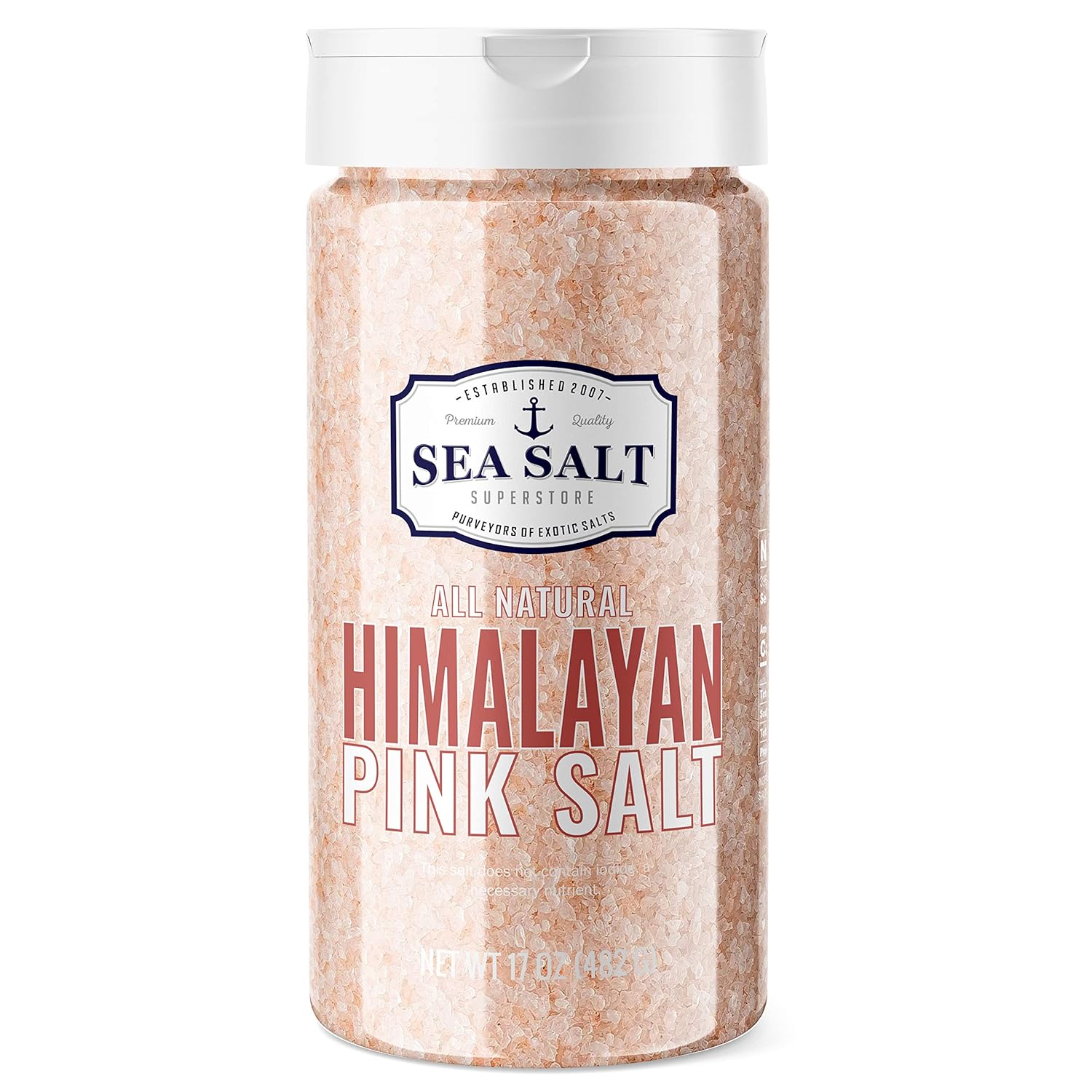 Pink Himalayan Salt Fine Grain - 16 oz Shaker seen in a clear container with a white top.