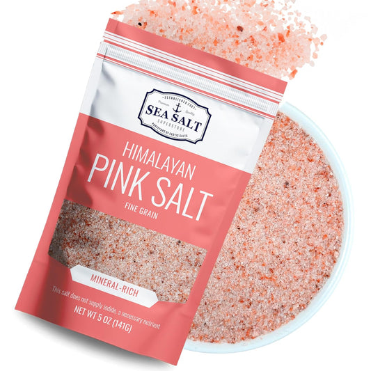 Pink Himalayan Salt Fine Grain - 5 oz Pouch featuring mineral-rich salt in a resealable package.