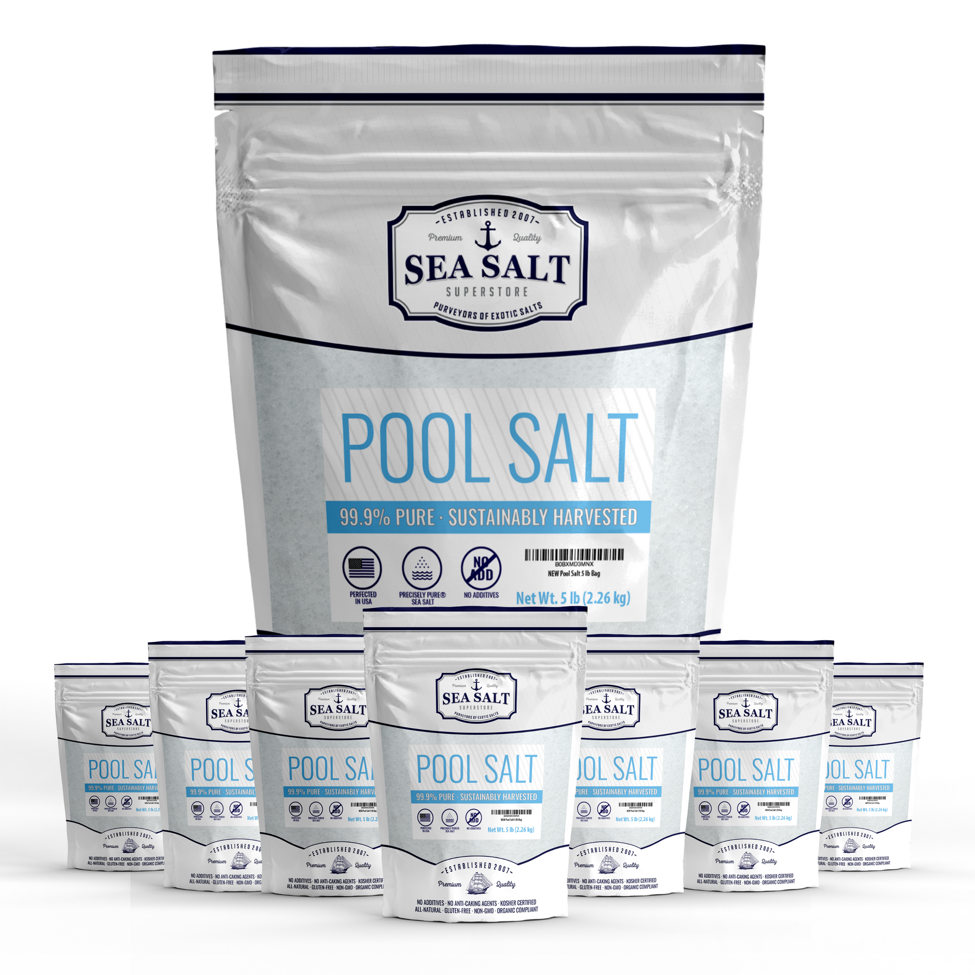 Pool Salt 40 lb Box featuring 99.9% pure salt for hot tubs and spas, supporting various salt water systems.