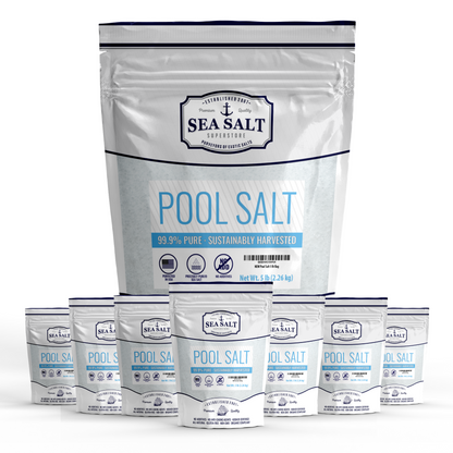 Pool Salt 40 lb Box featuring 99.9% pure salt for hot tubs and spas, supporting various salt water systems.