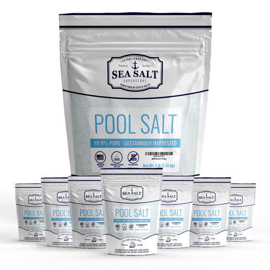 Pool Salt 40 lb Box featuring 99.9% pure salt for hot tubs and spas, supporting various salt water systems.
