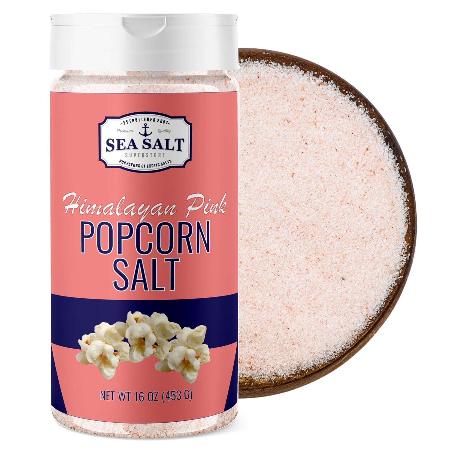 Himalayan Popcorn Salt - 16 oz Shaker in clear container with pink salt and popcorn design.