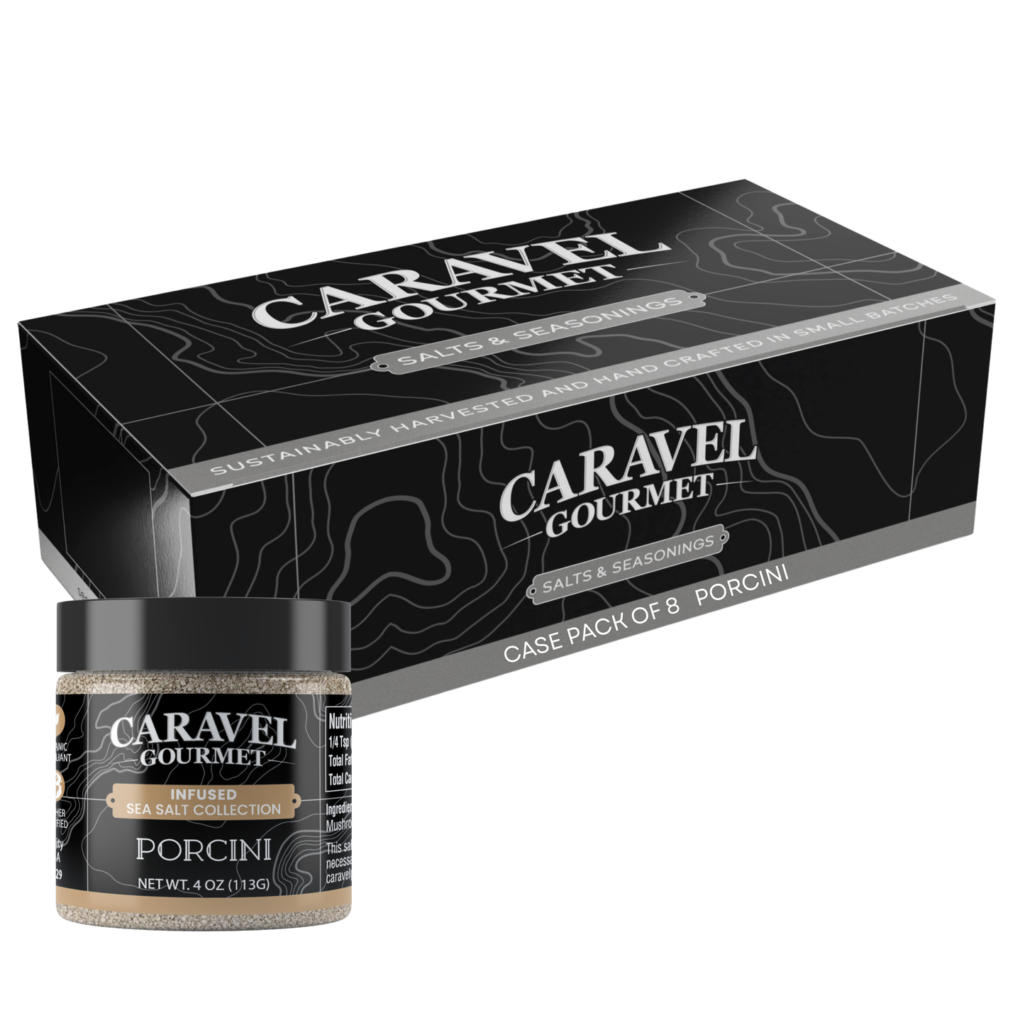 Porcini Sea Salt - Chef Pinch Jar - Case Pack - 8 units with Caravel Gourmet packaging.