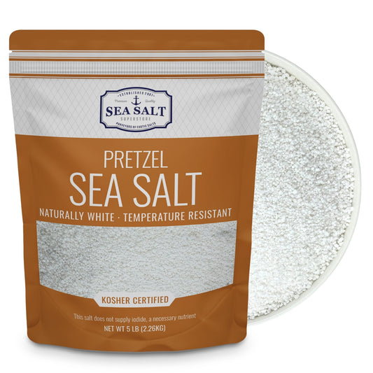 Pretzel Sea Salt - 5 lb Bag in a pouch, naturally white and temperature resistant, ideal for baking and topping.