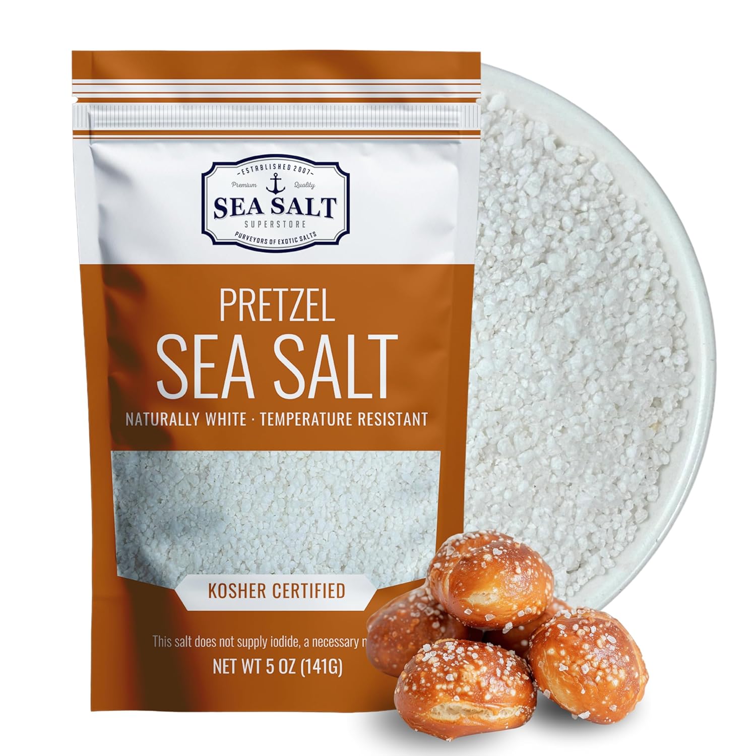 Pretzel Sea Salt 5 oz Pouch packaging with naturally white salt and pretzel bites on a plate.