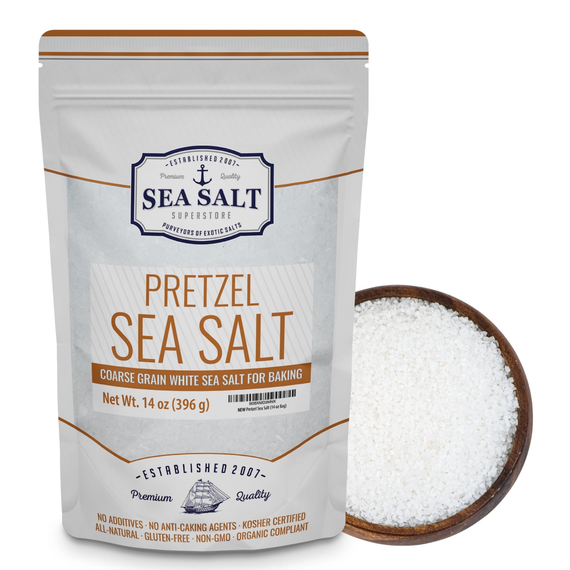 Pretzel Sea Salt 14 oz Pouch featuring coarse grain white sea salt for baking.