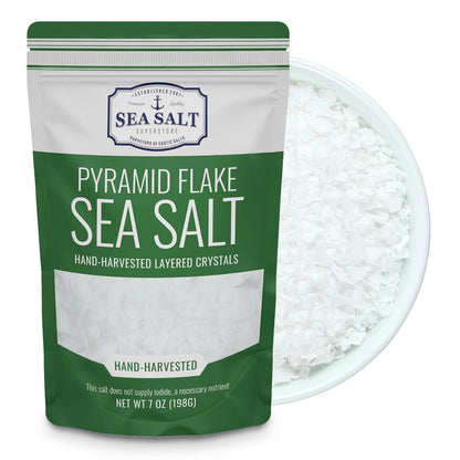 Pyramid Flake Sea Salt 7 oz Bag with hand-harvested layered crystals for seasoning and finishing dishes.