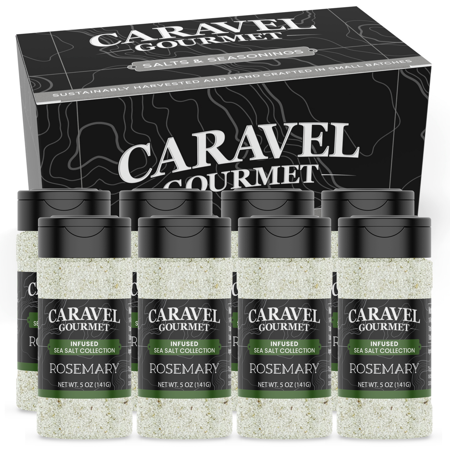 Rosemary Sea Salt - Shaker - Case Pack - 8 units from Caravel Gourmet displayed in a box with shaker bottles.