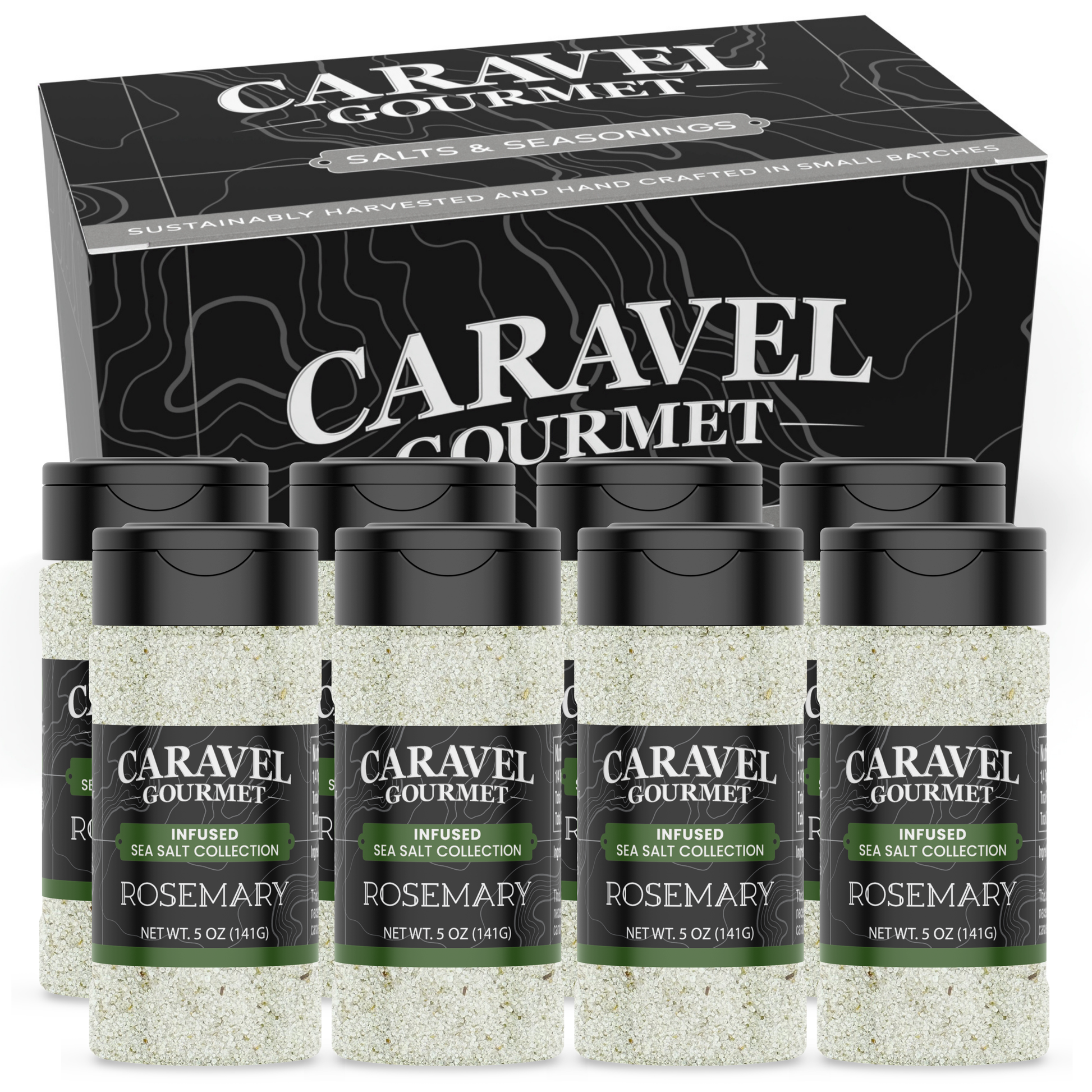 Rosemary Sea Salt - Shaker - Case Pack - 8 units from Caravel Gourmet displayed in a box with shaker bottles.