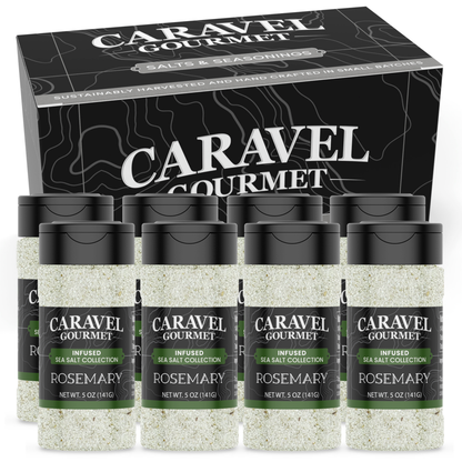 Rosemary Sea Salt - Shaker - Case Pack - 8 units from Caravel Gourmet displayed in a box with shaker bottles.