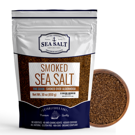 Smoked Sea Salt - 30 oz Pouch showcasing fine grain smoked over alderwood in a premium quality resealable pouch.