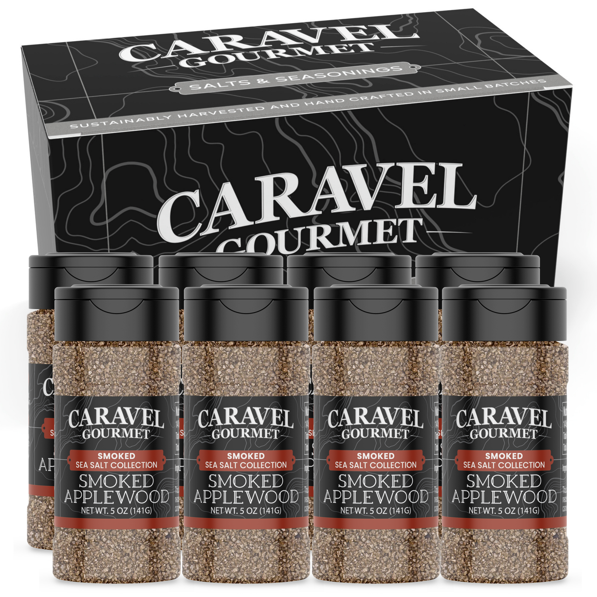 Smoked Applewood Sea Salt - Shaker - Case Pack - 8 units displayed in a box with six 5 oz shakers by Caravel Gourmet.