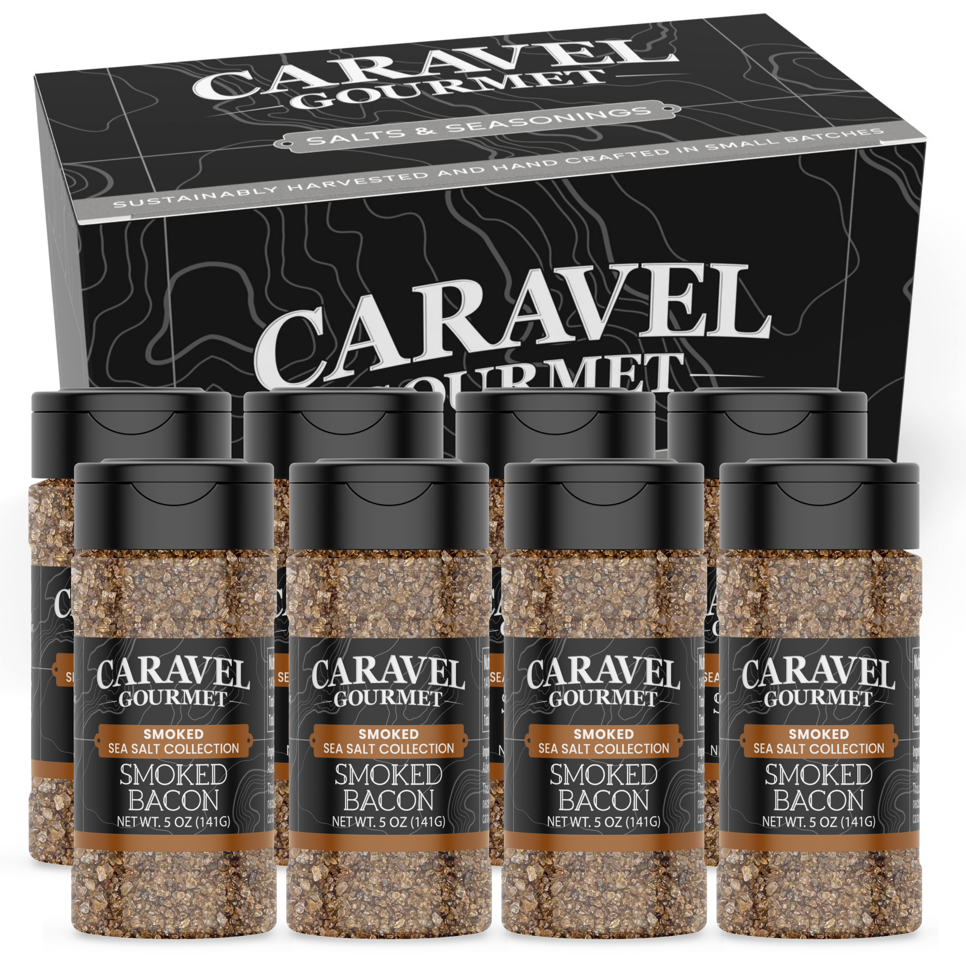 Smoked Bacon Sea Salt - Shaker - Case Pack - 8 units with black box packaging and six 5 oz shakers of smoked bacon sea salt.