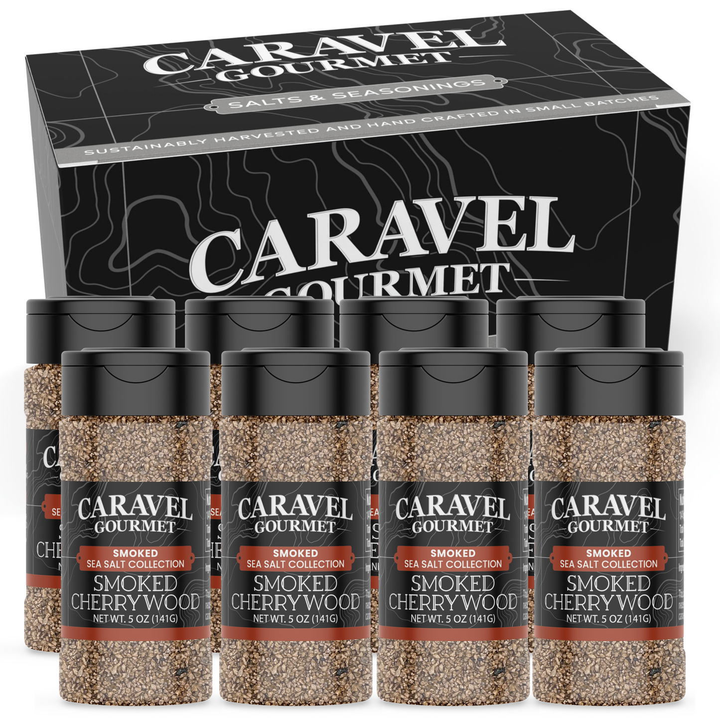 Smoked Cherrywood Sea Salt - Shaker - Case Pack - 8 units featuring six 5 oz shakers in a stylish box.