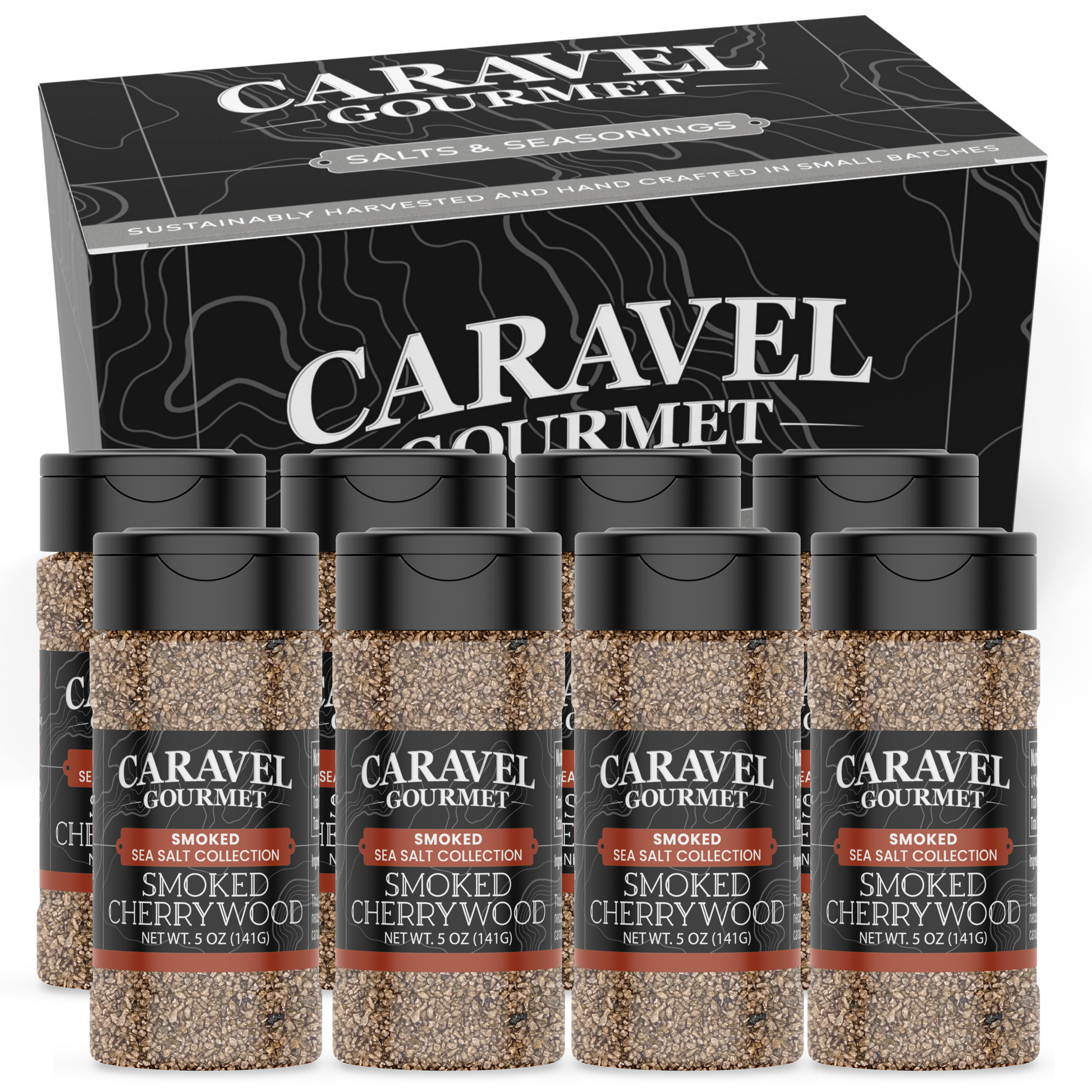 Smoked Cherrywood Sea Salt - Shaker - Case Pack - 8 units featuring six 5 oz shakers in a stylish box.