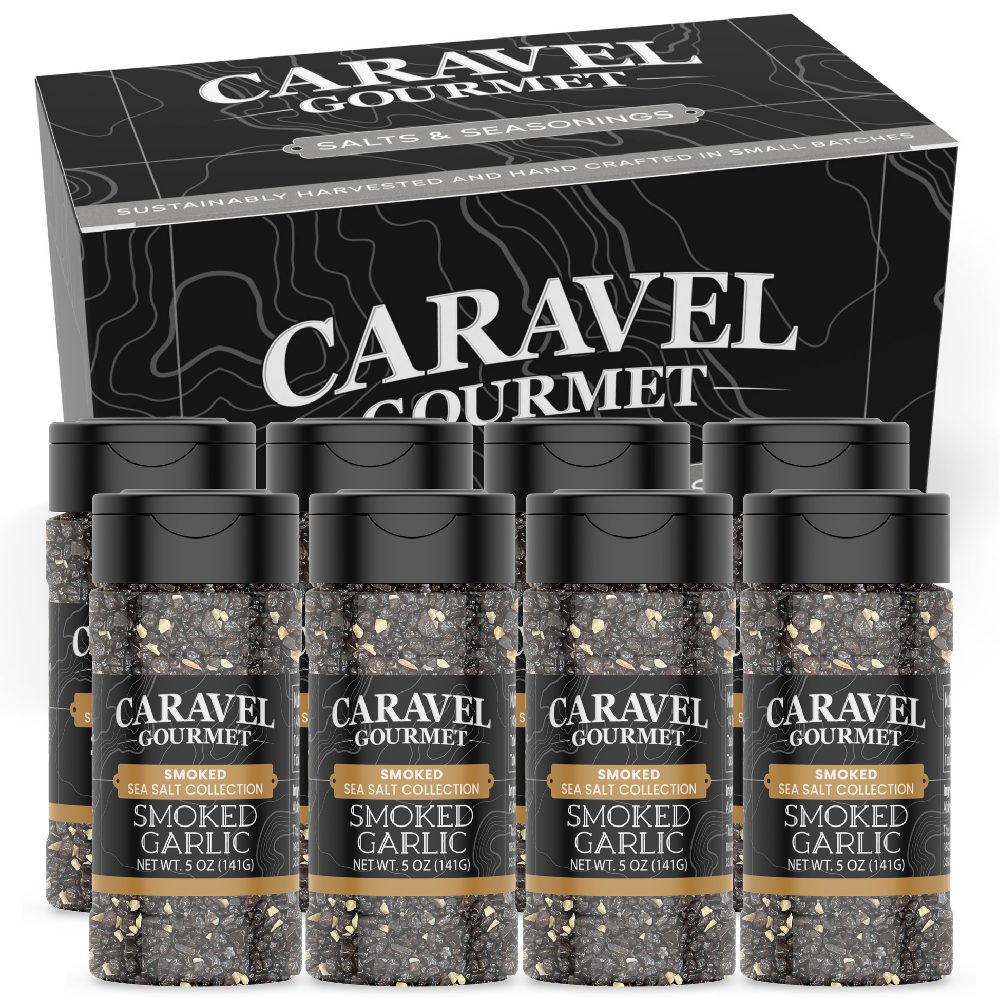 Smoked Garlic Sea Salt - Shaker - Case Pack - 8 units - Caravel Gourmet 5 oz shakers displayed in packaging.