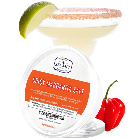 Spicy Margarita Sea Salt - 6 oz Tub with a margarita cocktail and lime garnish.