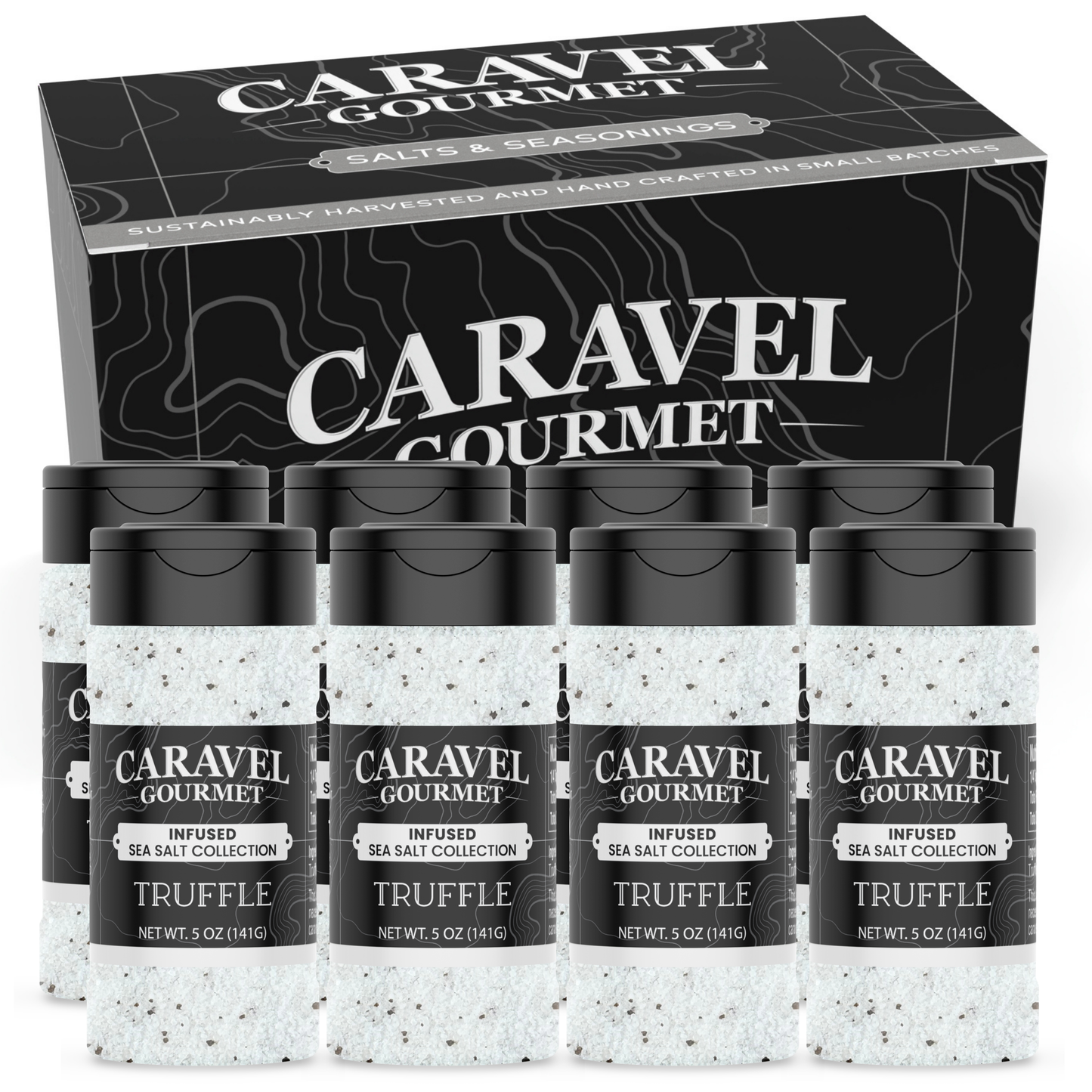 Truffle Sea Salt - Shaker - Case Pack - 8 units with 5 oz shakers displayed in a box by Caravel Gourmet.