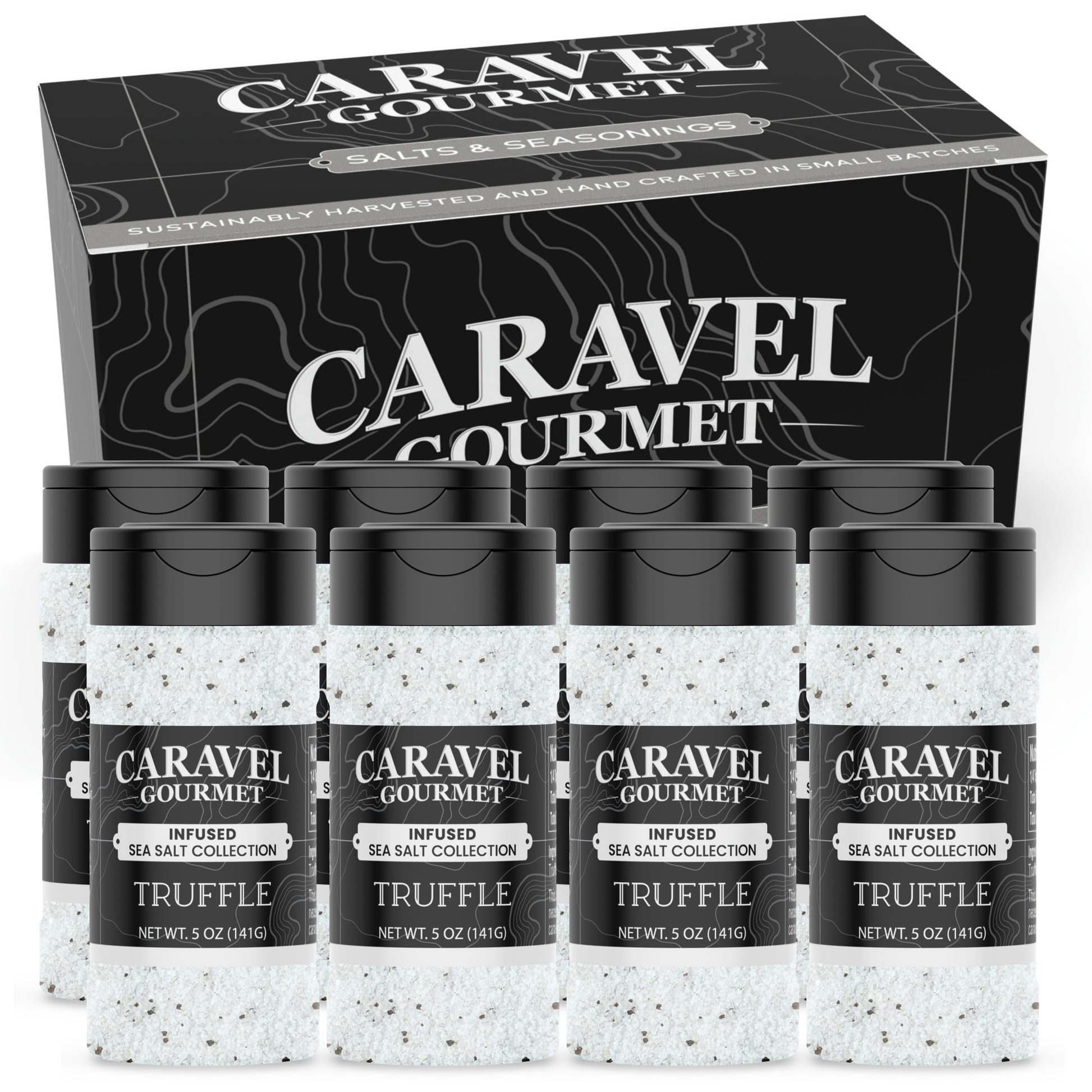 Truffle Sea Salt - Shaker - Case Pack - 8 units with 5 oz shakers displayed in a box by Caravel Gourmet.