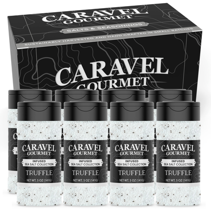 Truffle Sea Salt - Shaker - Case Pack - 8 units with 5 oz shakers displayed in a box by Caravel Gourmet.