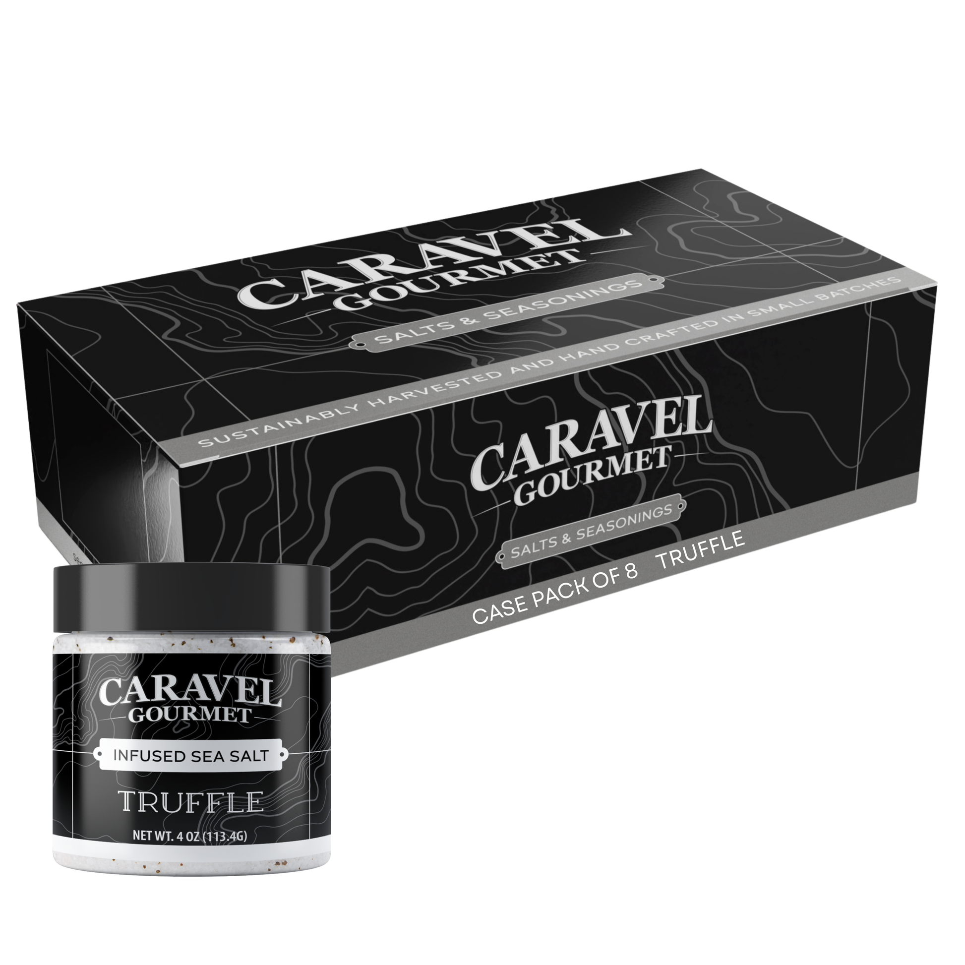 Truffle Sea Salt - Chef Pinch Jar - Case Pack - 8 units by Caravel Gourmet, showcasing packaging and jar.