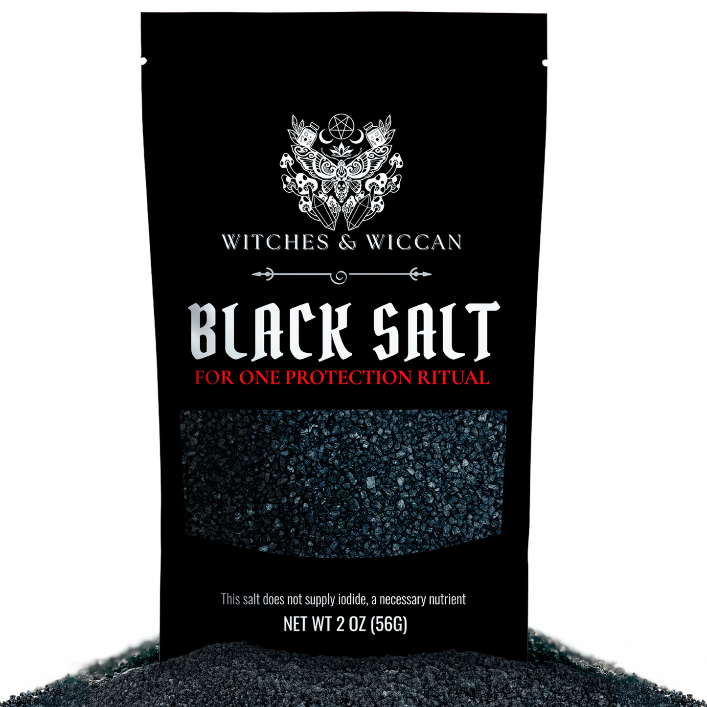 Black Ritual Salt 2 oz Pouch for protection rituals, cleansing gemstones, and charging under the full moon.