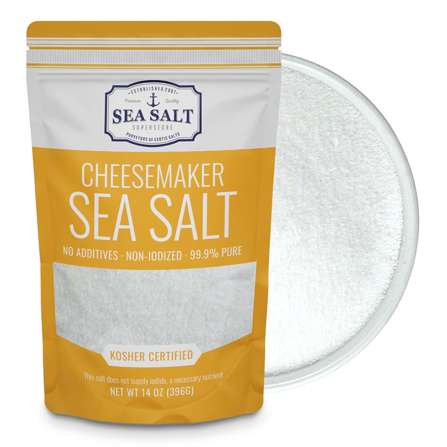 Cheesemaking Sea Salt 14 oz Pouch featuring fine grain, flaky sea salt for cheese making.
