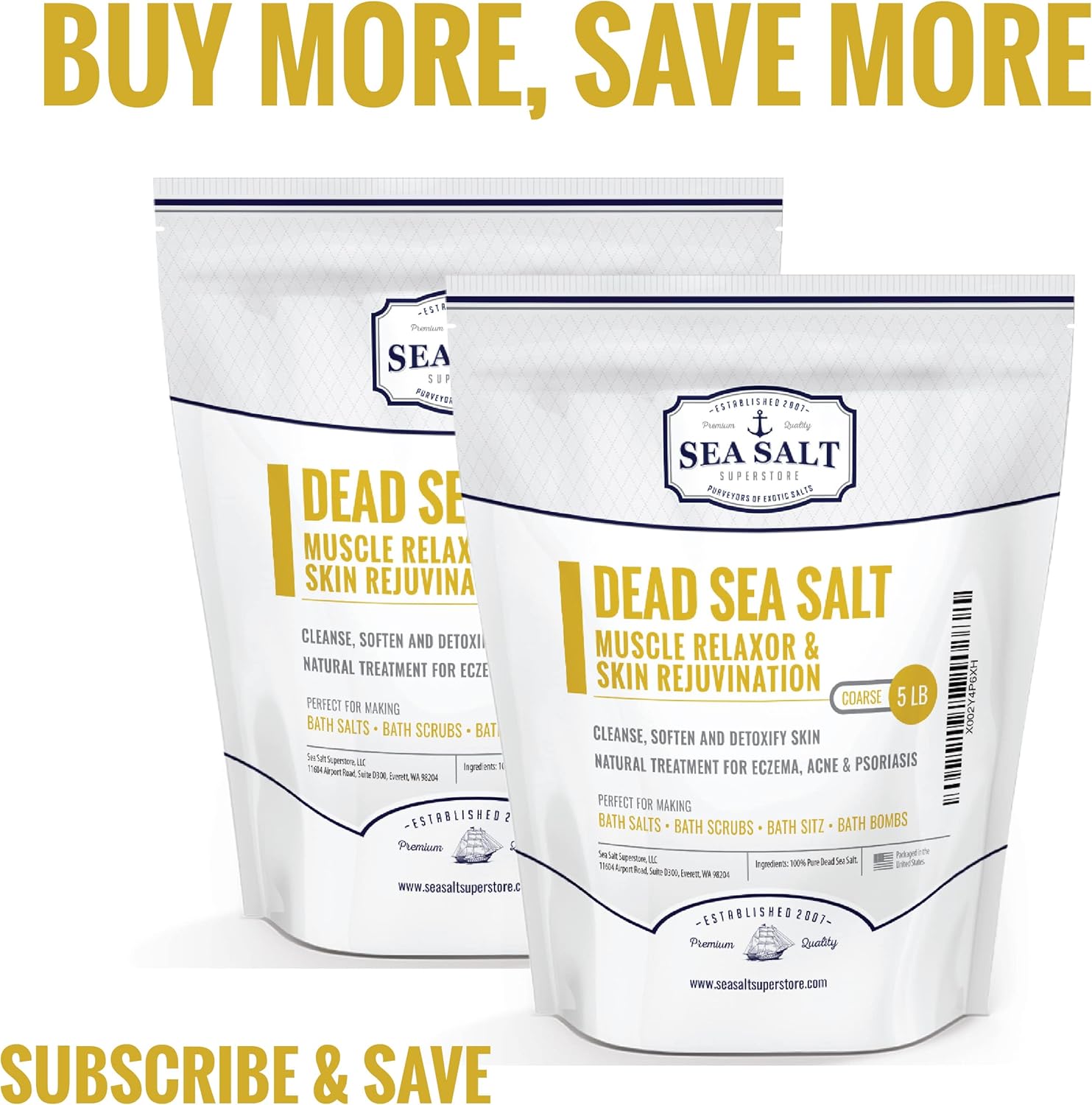 Dead Sea Salt, Coarse - 10 lb Pouch displayed for muscle relaxation and skin rejuvenation.