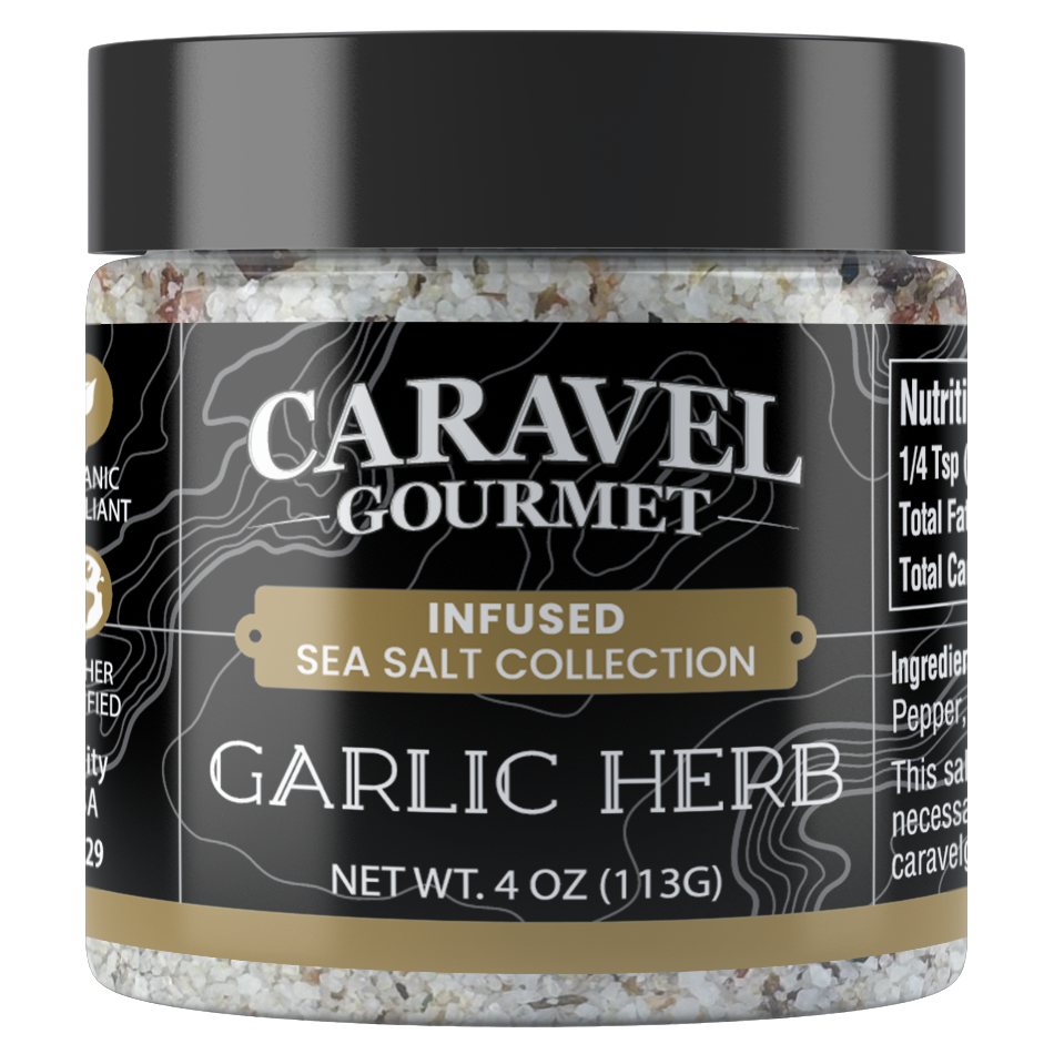 Garlic Herb Sea Salt - 4 ounce Round Jars, Caravel Gourmet (Case of 6)