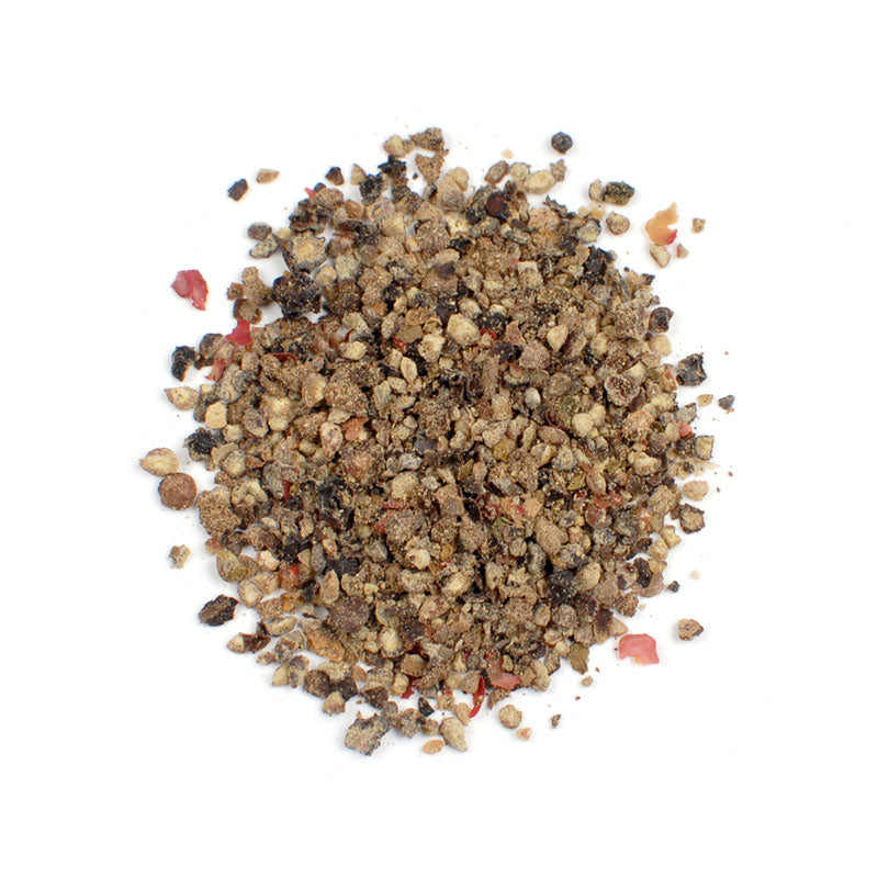 GROUND FOUR PEPPERCORNS BLEND - 10 lb bag / box each sprinkled on a white background.