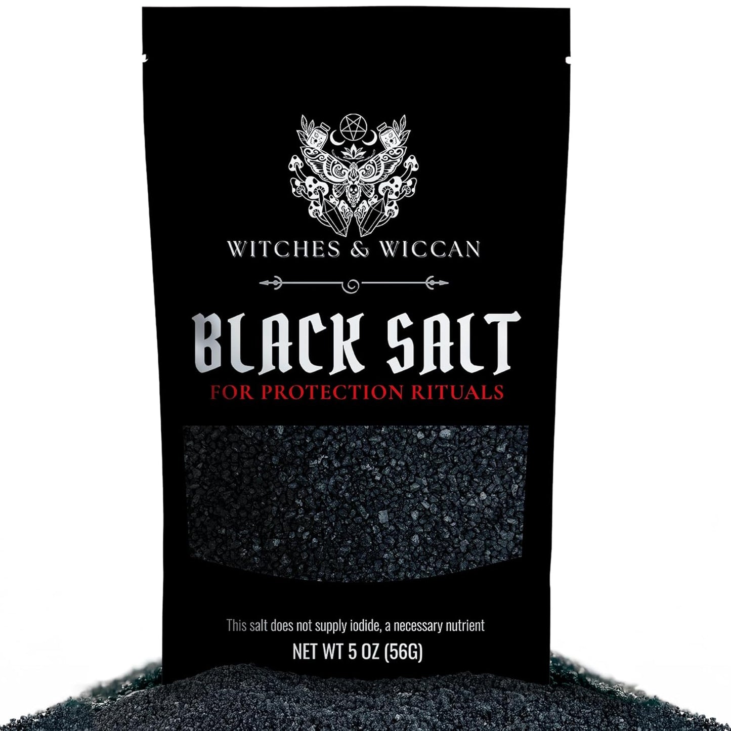 Wiccan Ritual Salt - 5 oz Pouch showcasing black salt for protection rituals in a standing pouch.