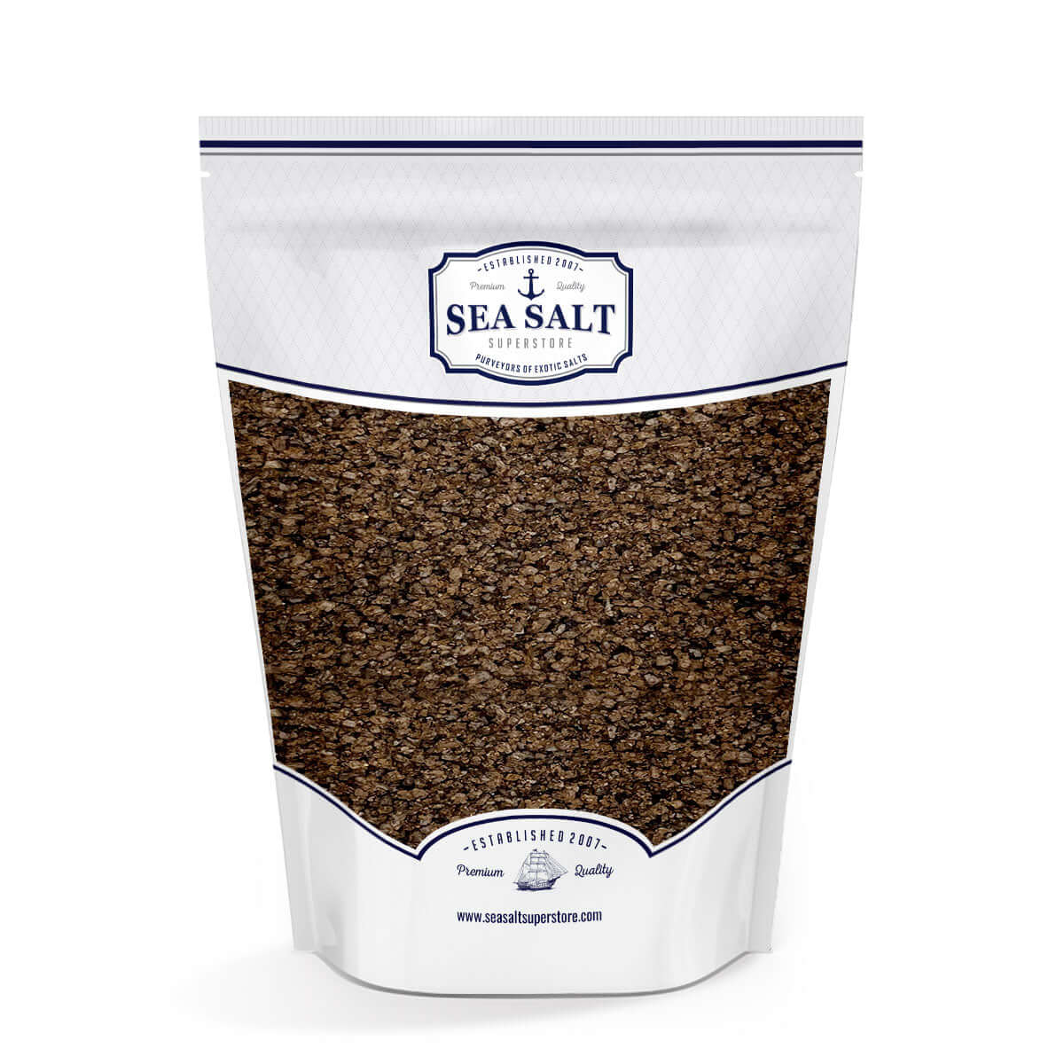 Triple Smoked Sea Salt in a premium packaging bag showcasing medium grain size.
