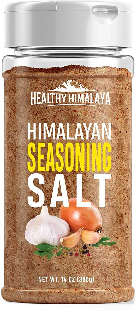 Pink Himalayan Seasoning Salt - 14 oz Shaker in a clear shaker bottle with herbs and spices.